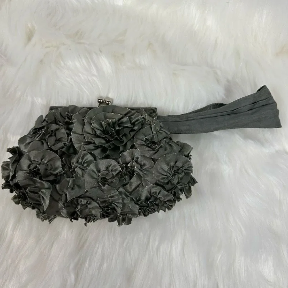 Gray Small Wristlet Evening Bag Purse Flowers Floral for Prom Formal Occasion